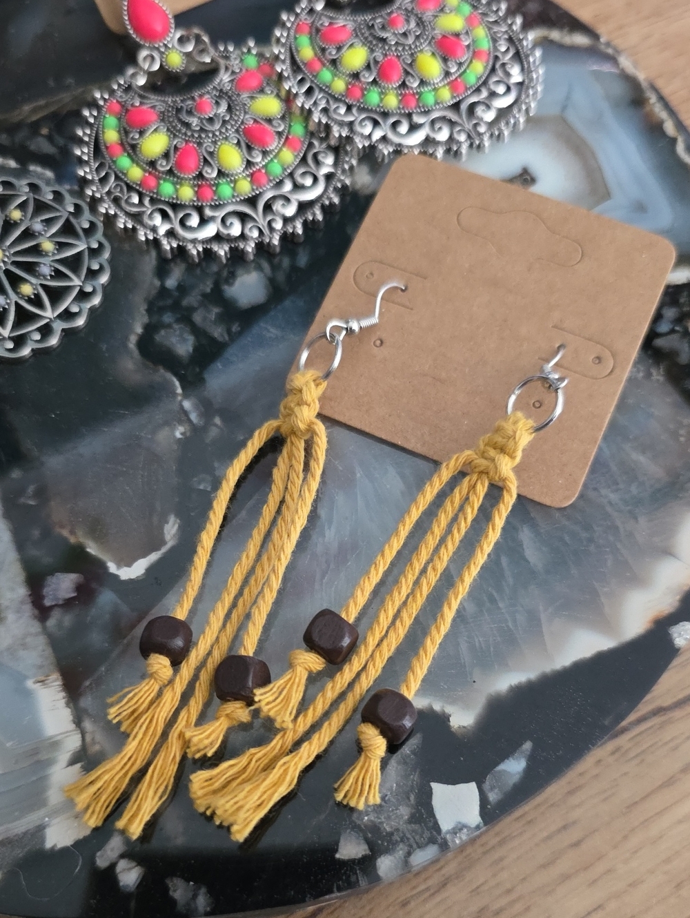 Neon Pink & Yellow Boho Drop Earrings – Women Jewelry - Picture 4 of 4